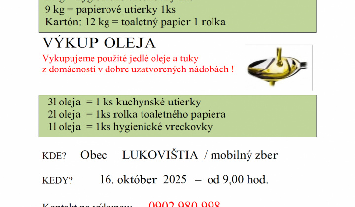 1. fotografia fotogalérie Aktuality / OZNAM - Výkup papiera a použitého oleja - 16.10.2025 - foto